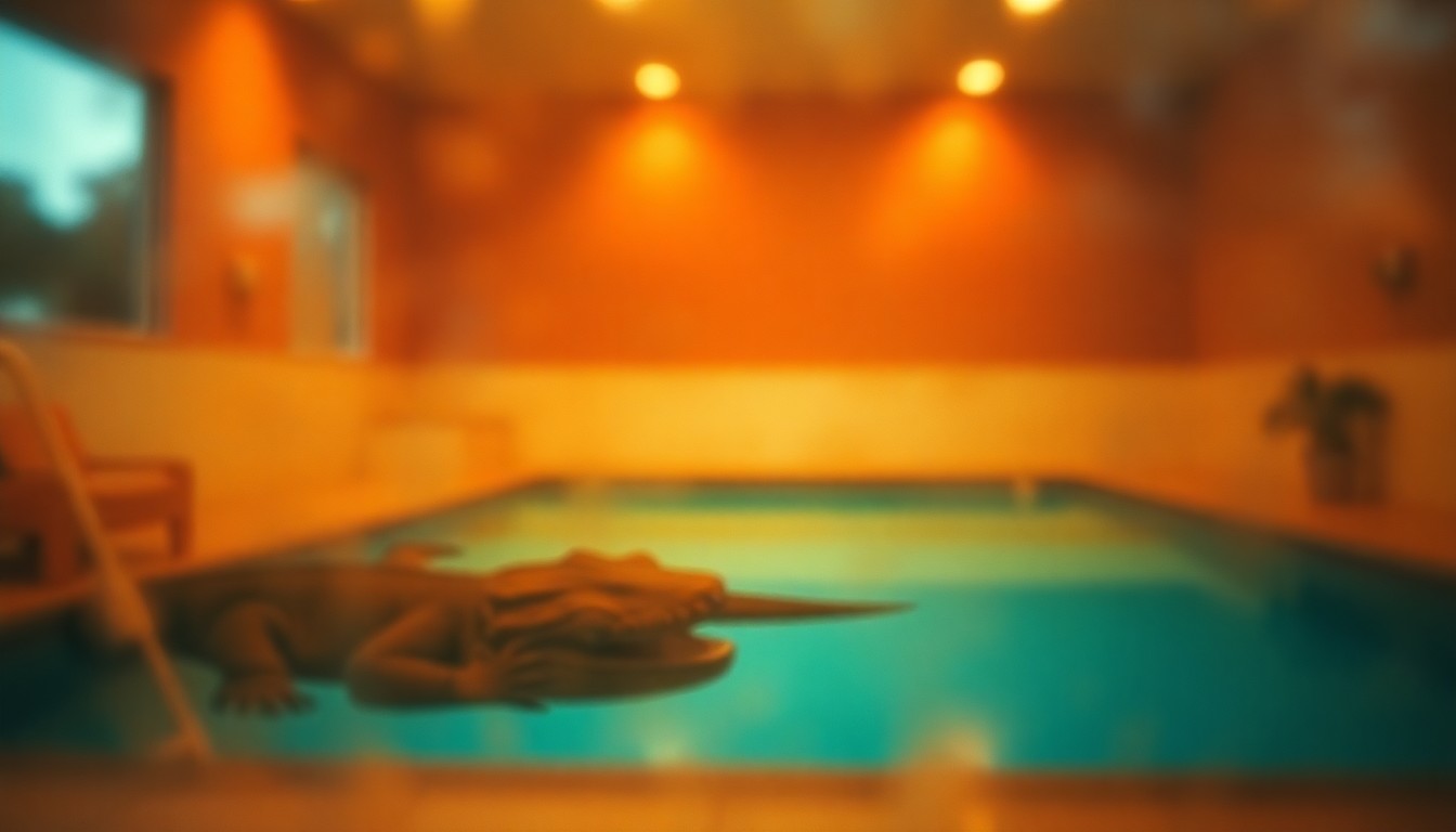 An impressionistic, out-of-focus photograph depicting the blurred, warm-toned shape of a large reptile partially submerged in the water of an indoor swimming pool, conveying a sense of loss and melancholy.