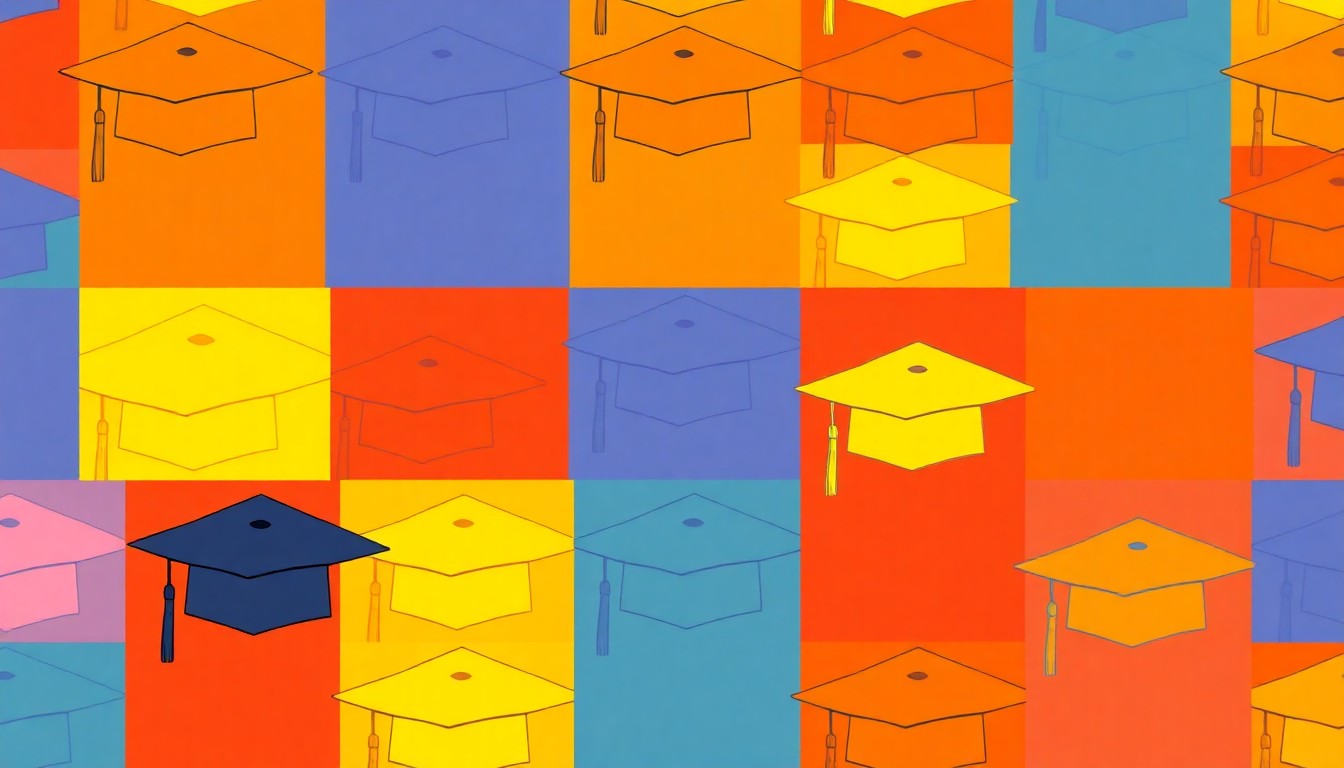 A bold, colorful silkscreen-style illustration featuring a repeating pattern of graduation caps in vibrant neon shades, conceptually representing the academic excellence of Clarksville's valedictorians and salutatorians.
