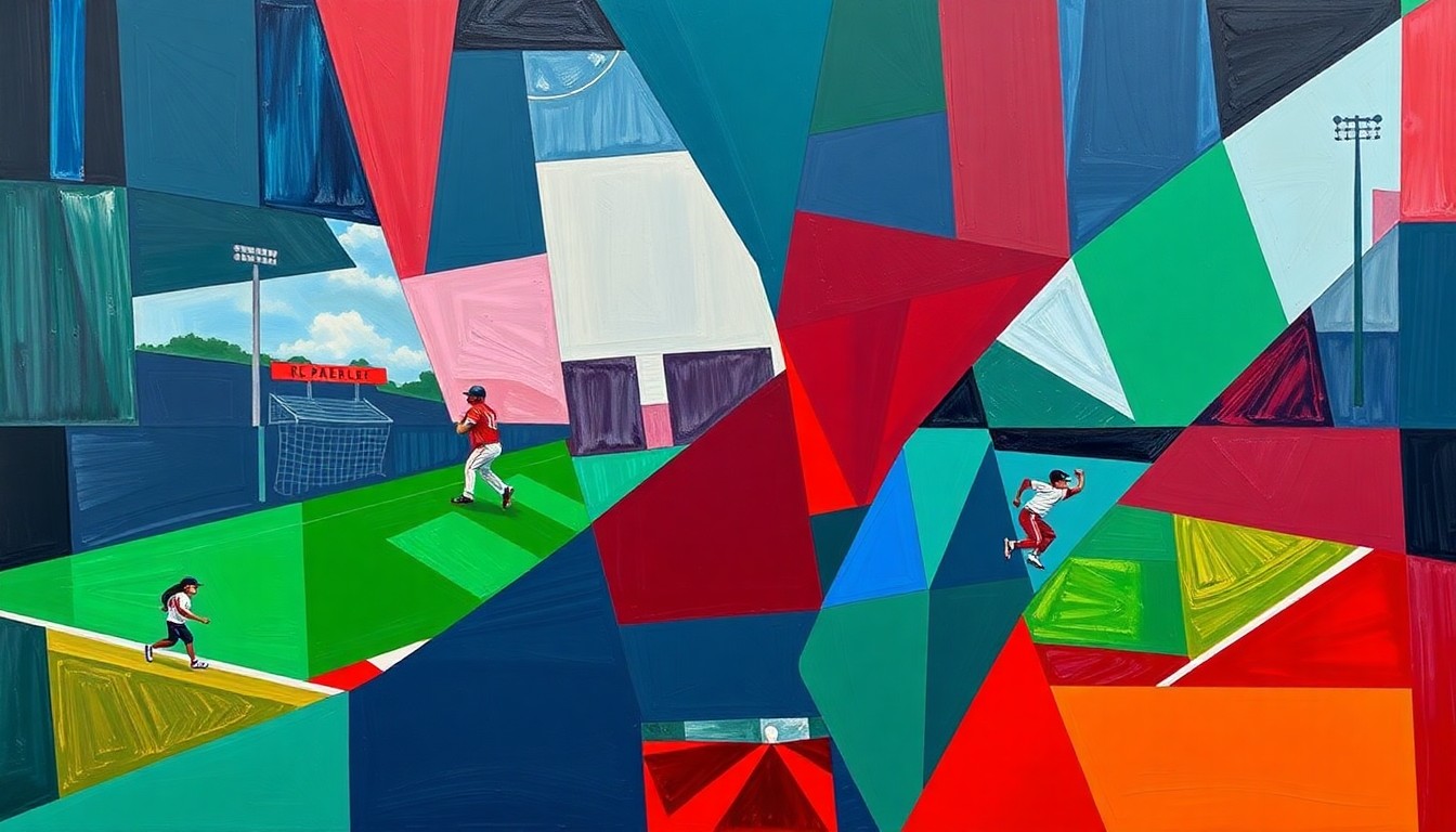 A fragmented, abstract painting featuring overlapping geometric shapes and planes in navy, green, and red, conceptually representing the fast-paced action and competitive nature of a high school baseball or softball game.