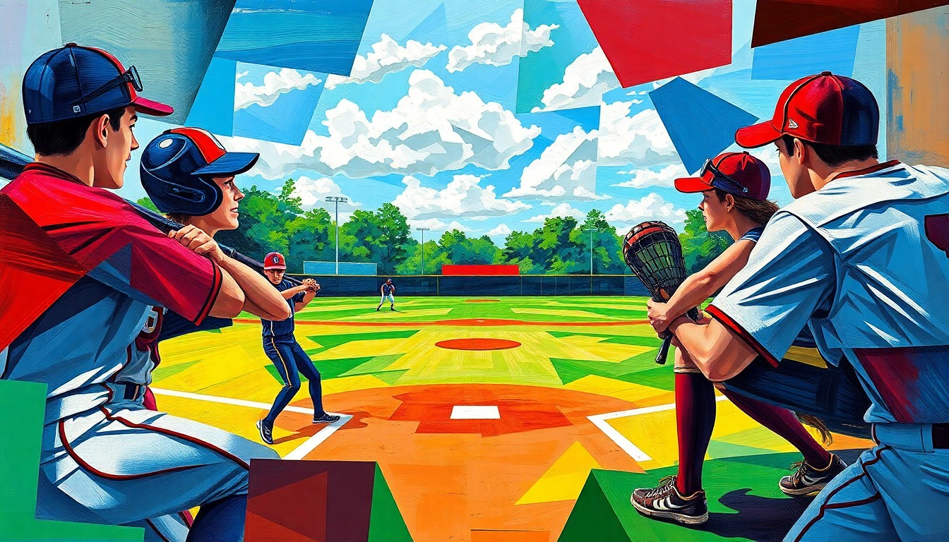 A fractured, geometric painting depicting a high school softball game, with sharp planes of color representing the players, field, and action on the diamond.