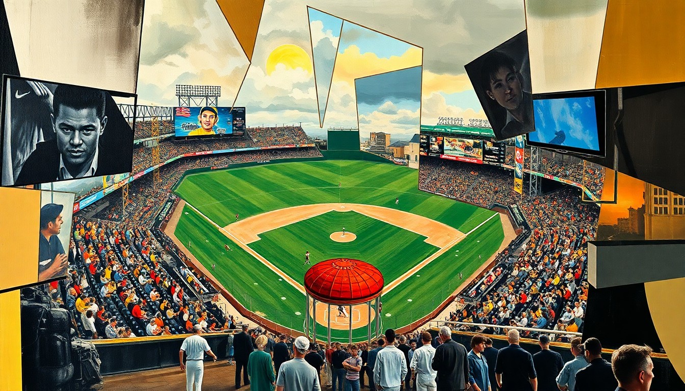 A cubist-style painting depicting a baseball game broken down into sharp, overlapping geometric shapes and planes, capturing the dynamic energy and shifting momentum of the Orioles' comeback win.