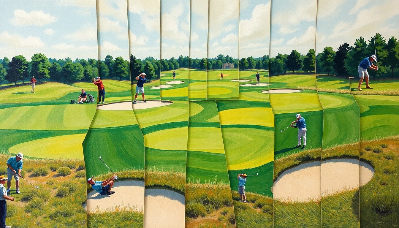 A fragmented, geometric painting depicting the dynamic action of a college golf tournament, with overlapping planes of green fairways, sand traps, and golfers swinging their clubs.