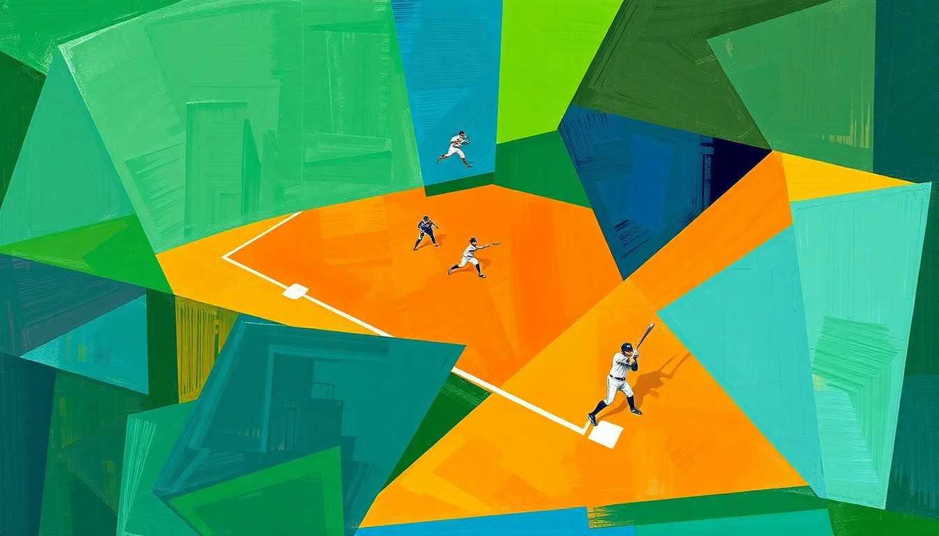 A fragmented, geometric painting depicting the motion and energy of a softball game, with overlapping planes of bright green, blue, and orange hues.