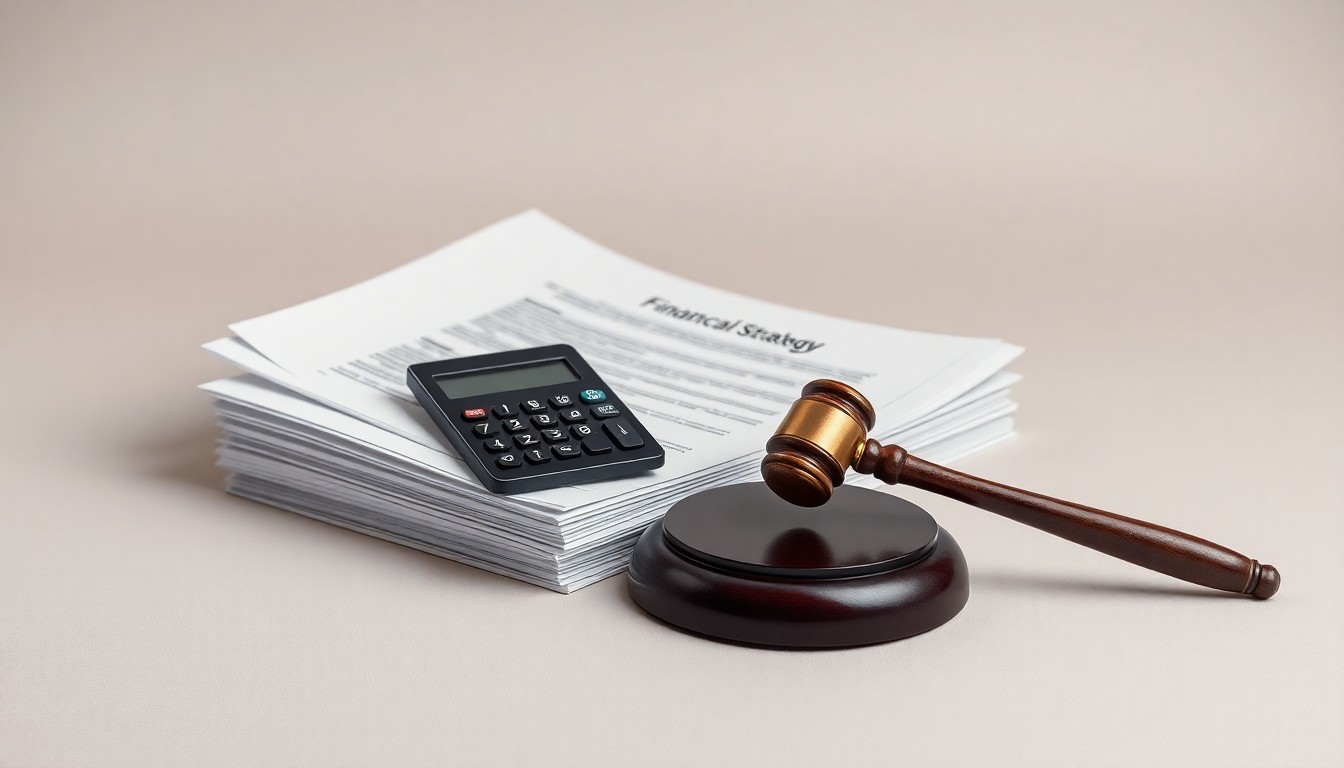 A photorealistic studio still-life featuring a stack of financial documents, a calculator, and a gavel arranged on a clean, monochromatic background, conceptually representing the legal and financial issues surrounding Huachen AI Parking Management Technology Holding Co., Ltd.
