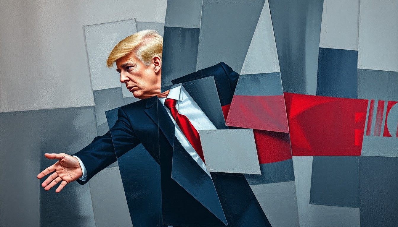 A dynamic, abstract painting with overlapping geometric shapes and figures in shades of gray, navy, and deep red, conceptually representing the turbulent collapse of a politician's career amid allegations of sexual misconduct.