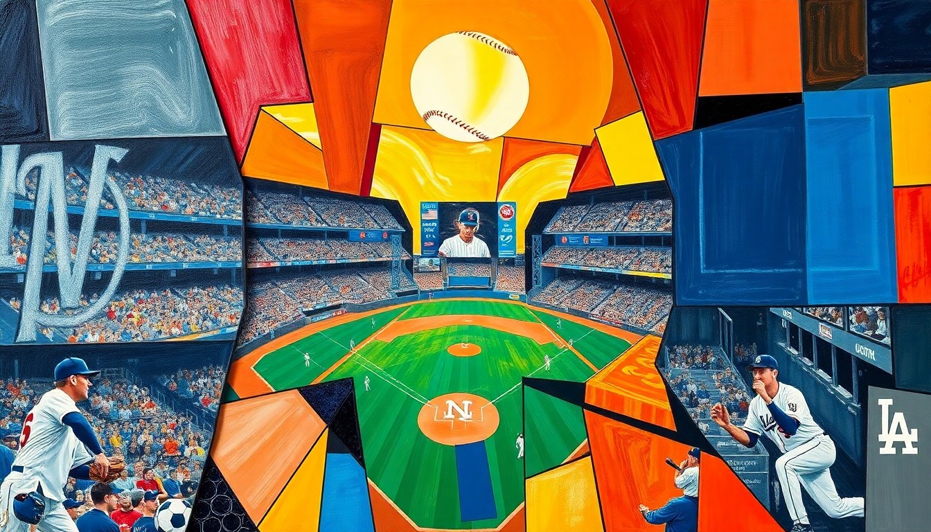 A fragmented, geometric painting depicting a baseball game between the New York Mets and Los Angeles Dodgers, with sharp, overlapping shapes and planes representing the dynamic action on the field.