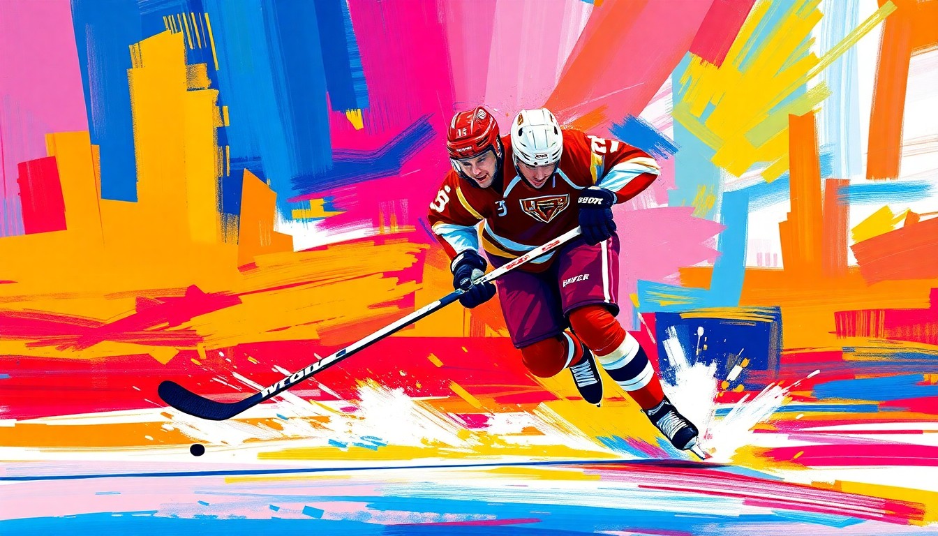 An abstract, expressionist painting in bold neon colors, with rapid brushstrokes capturing the dynamic motion and energy of a hockey player on the ice.