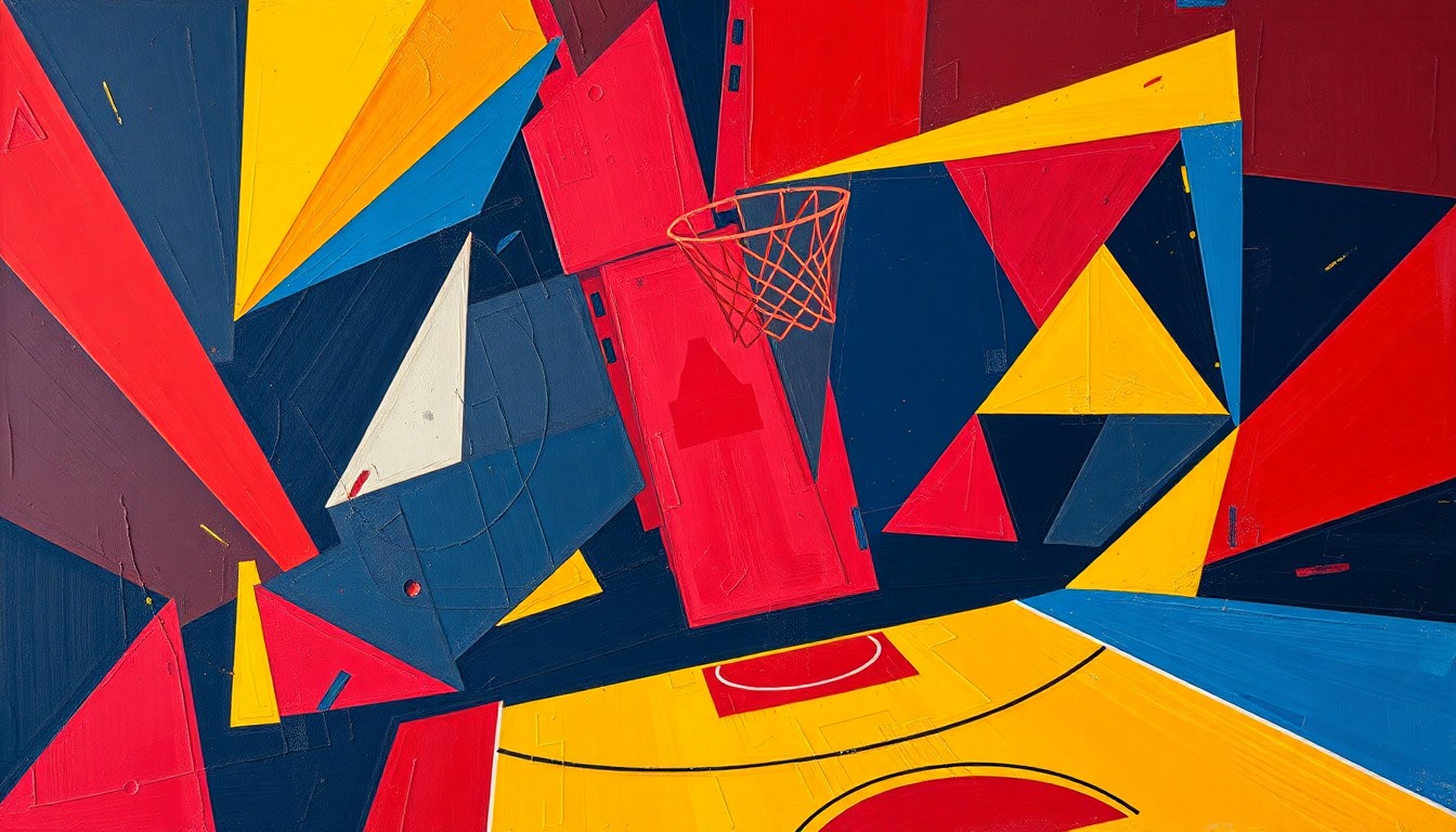 A fragmented, cubist-style painting depicting the dynamic movements and energy of a basketball game, with sharp geometric shapes in deep crimson, navy, and golden yellow tones.