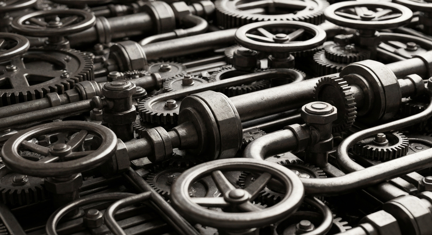 An extreme close-up of an intricate network of metal gears, pipes, and valves in shades of steel gray, bronze, and black, conceptually representing the inner workings of the global financial system.
