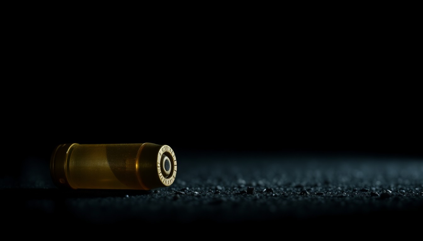 An extreme close-up photograph of a metallic bullet casing on a dark surface, conceptually representing the aftermath of a shooting incident in a local community.