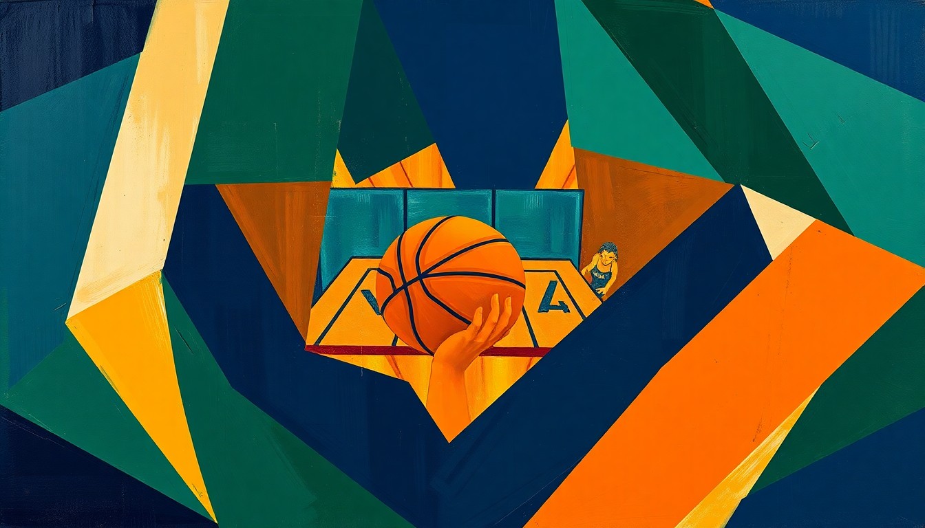 A cubist, geometric painting depicting a fragmented women's basketball game, with sharp planes of navy, green, and orange overlapping to create a dynamic, abstract scene.