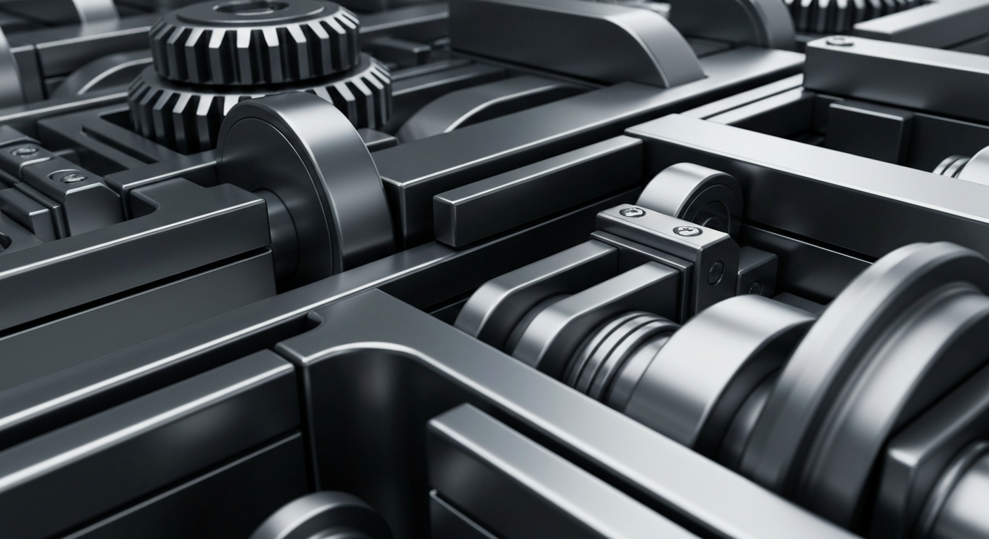 An extreme close-up of heavy, polished banking mechanisms and equipment, such as gears, levers, and metal casings, conveying the complex financial infrastructure that underpins Moody's market leadership.