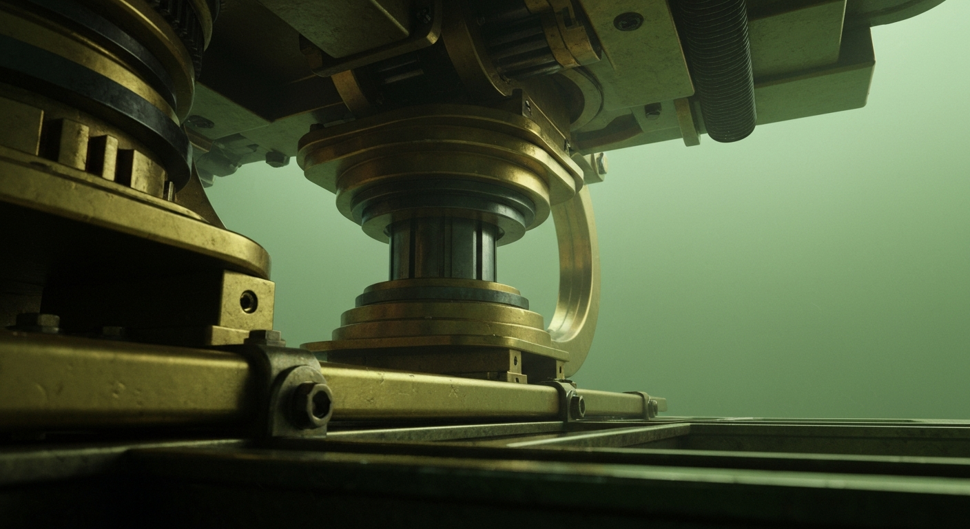 A highly detailed, cinematic close-up view of heavy, industrial financial machinery and mechanisms in shades of steel gray, bronze, and black, conceptually representing the institutional foundations of the financial sector.