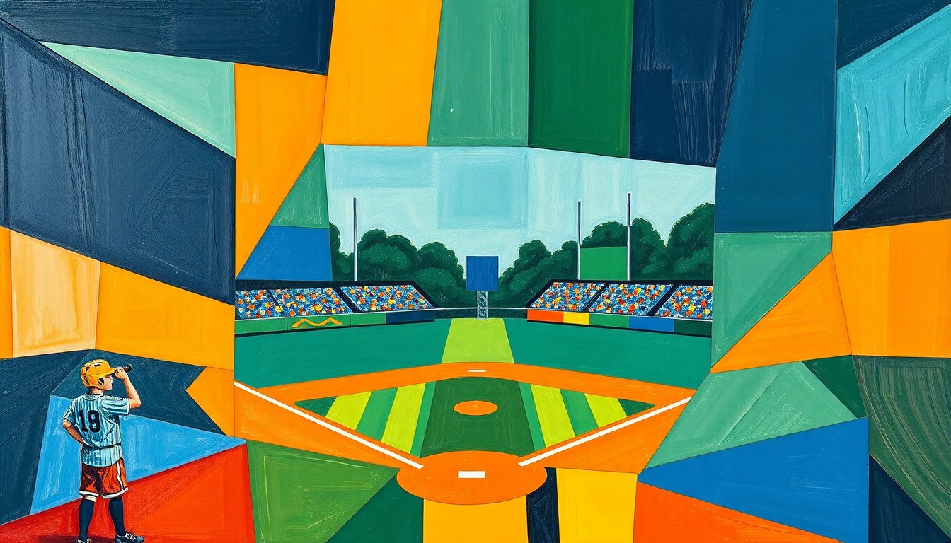 A fragmented, geometric painting depicting the dynamic movements and energy of a high school baseball game, with sharp planes of navy, green, and orange colors overlapping to create a sense of motion and intensity.