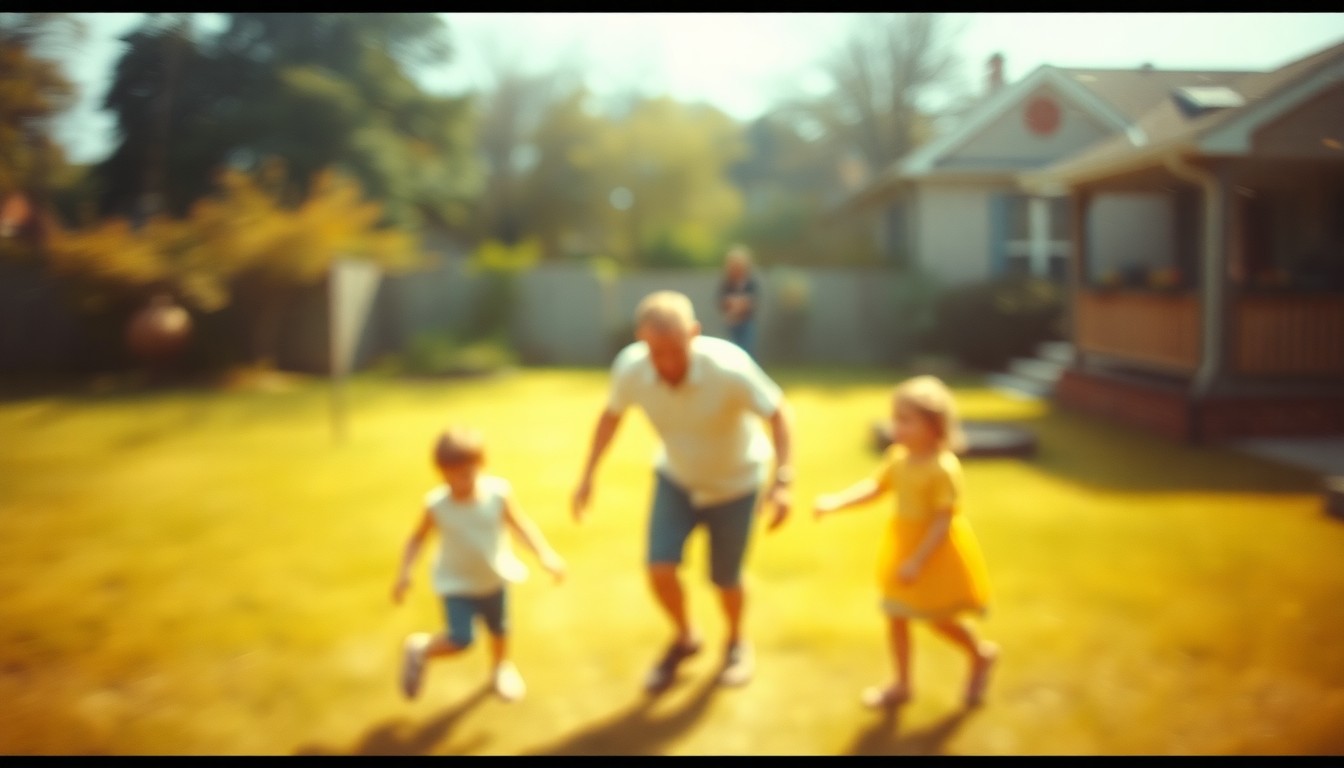 An impressionistic, out-of-focus photograph in warm tones depicting the silhouettes of a father and his children playing together outdoors, conveying a sense of familial warmth and cherished moments.
