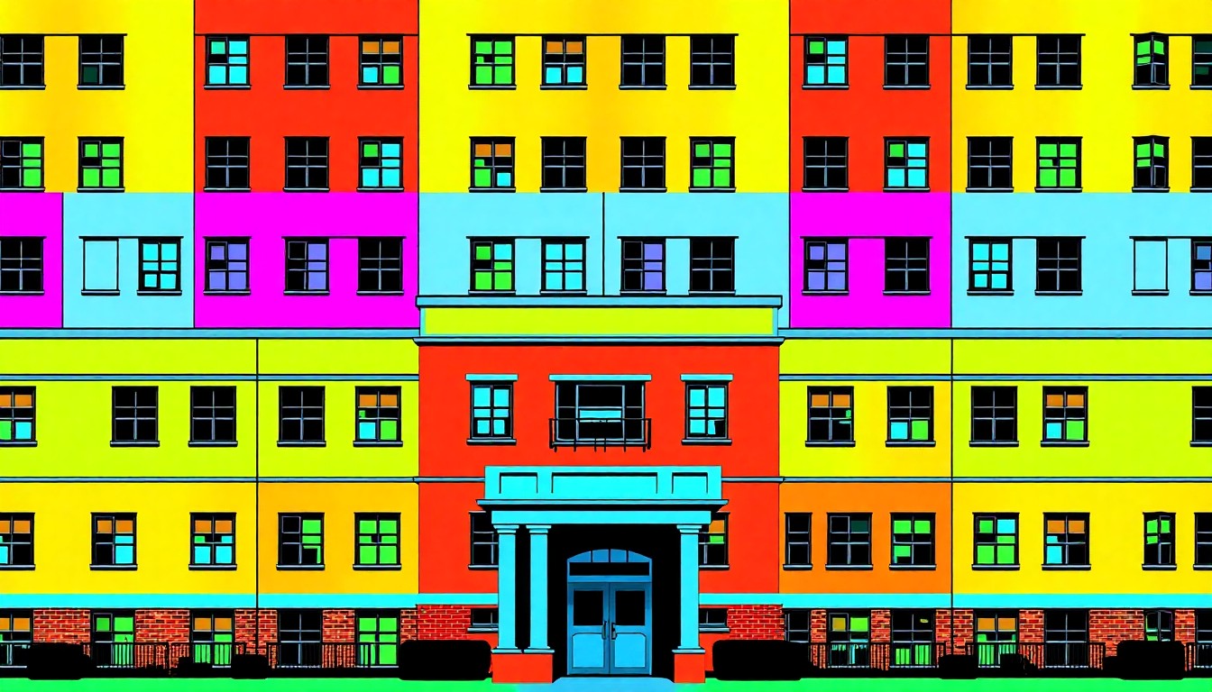 A highly stylized, abstract silkscreen print featuring a repeating pattern of a school building facade in bright, neon-like colors, conveying the conceptual idea of an educational institution being reexamined.