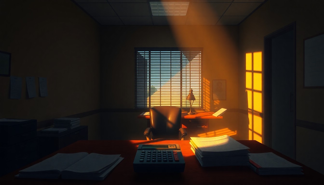 A photorealistic painting of a dimly lit county clerk's office desk with a calculator, ledger books, and other office supplies, bathed in warm, dramatic lighting, conveying a sense of quiet contemplation and the need for financial accountability.