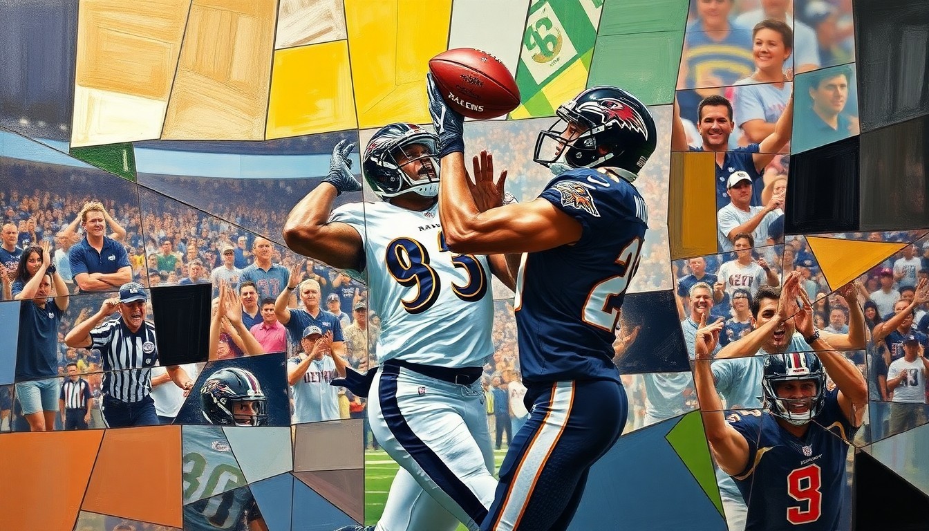 A cubist-style painting depicting a Ravens tight end making a catch, with the player's body broken down into sharp, overlapping geometric shapes and planes in a vibrant color palette, conveying the dynamic energy of the sport.