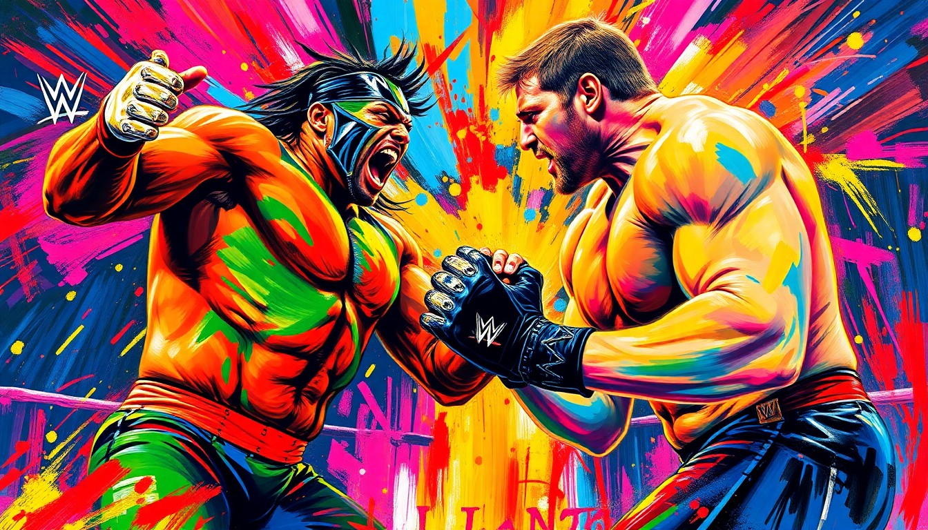 A vibrant, energetic painting in the style of LeRoy Neiman, featuring explosive brushstrokes and neon colors that convey the raw power and intensity of a WWE wrestling match.