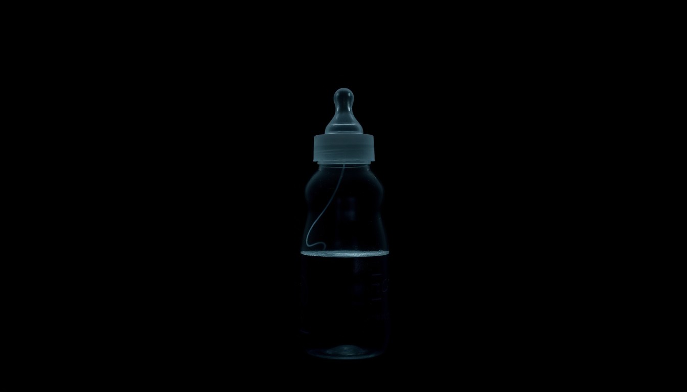 An extreme close-up photograph of a single baby bottle, its surface textured and reflecting the harsh flash of light, conveying a sense of the gravity and urgency of this tragic incident.