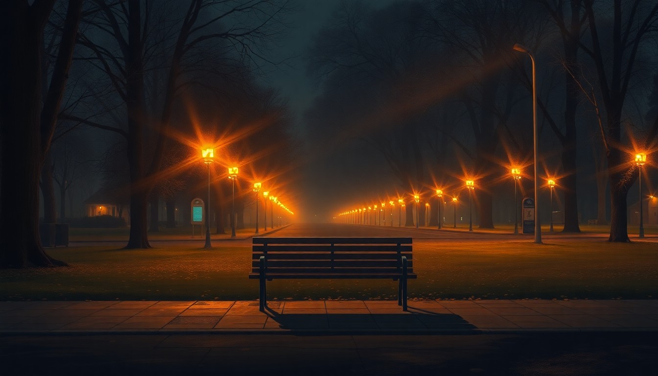 A dimly lit park bench at night, with warm yellow streetlights casting long shadows across the scene, conveying a sense of quiet contemplation about the balance between community security and individual liberty.