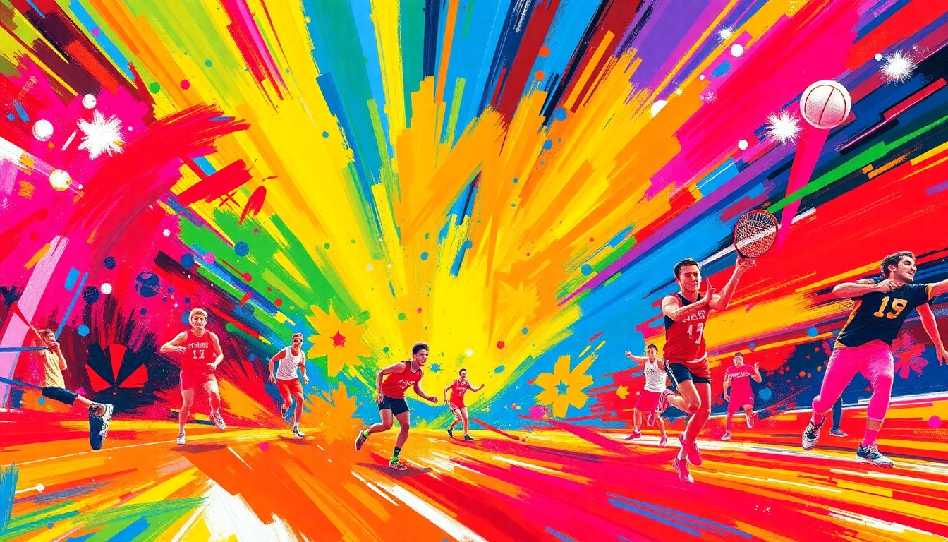An abstract painting with sweeping brushstrokes in neon colors, capturing the raw athleticism and competitive spirit of a high school sports event.