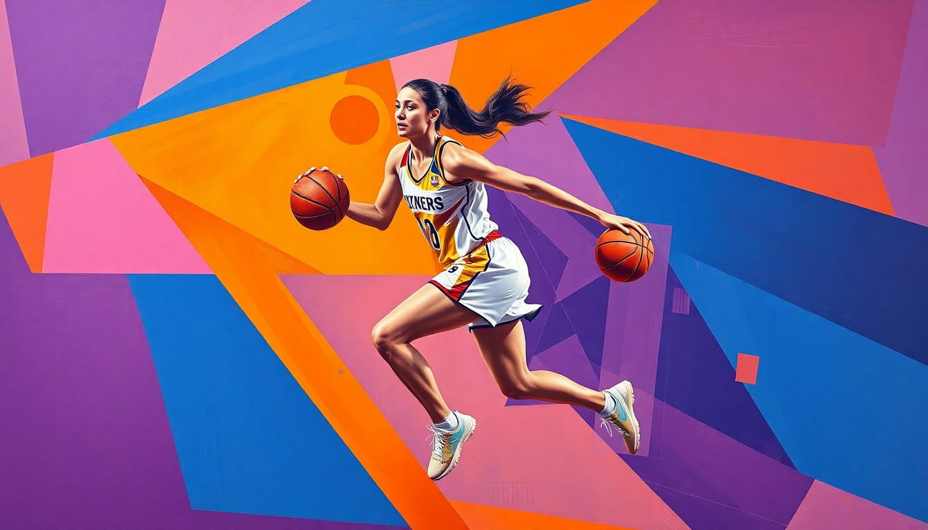 A fragmented, cubist-style painting depicting a women's basketball player in motion, with sharp geometric shapes and planes in vibrant colors conceptually representing the uncertainty around Janiah Barker's draft position.