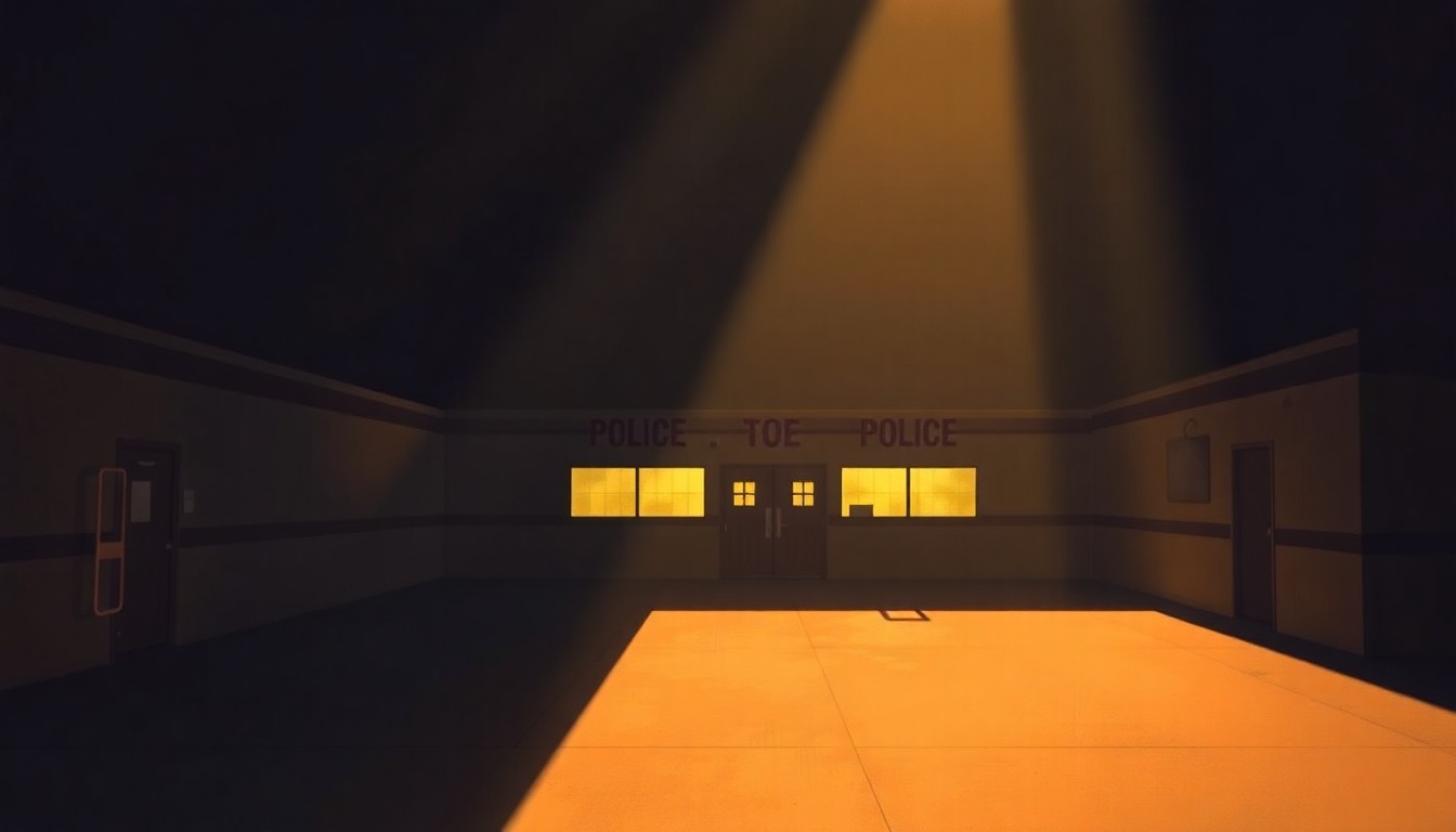 A serene, photorealistic painting depicting an empty, sunlit police training facility with a minimalist architectural design, conveying a sense of contemplation and the importance of investing in public safety infrastructure.