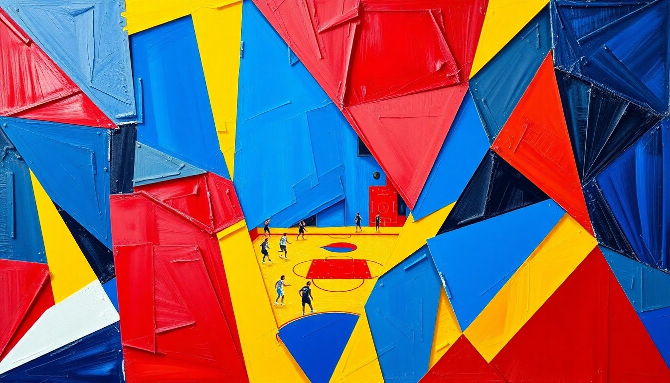 A cubist, geometric painting depicting the fragmented movements and perspectives of a women's basketball game, with sharp planes of royal blue, crimson red, and bright yellow.