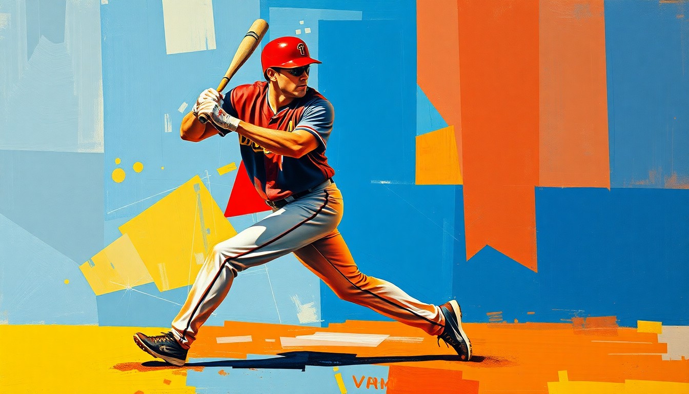 A fractured, cubist-style painting depicting a baseball player's batting motion or baserunning, broken down into sharp, overlapping geometric planes of vibrant colors like deep red, royal blue, and golden yellow, conceptually representing the dynamic athleticism of a player chasing a rare statistical milestone.