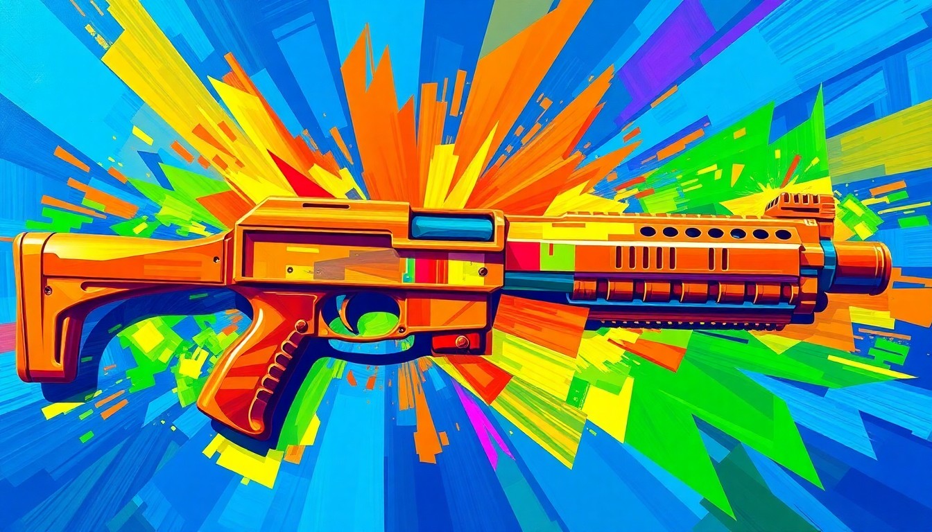A fractured, abstract painting in bright, high-contrast colors depicting the outline of a BB gun, conceptually representing the redefinition of toy weapons as potential threats.
