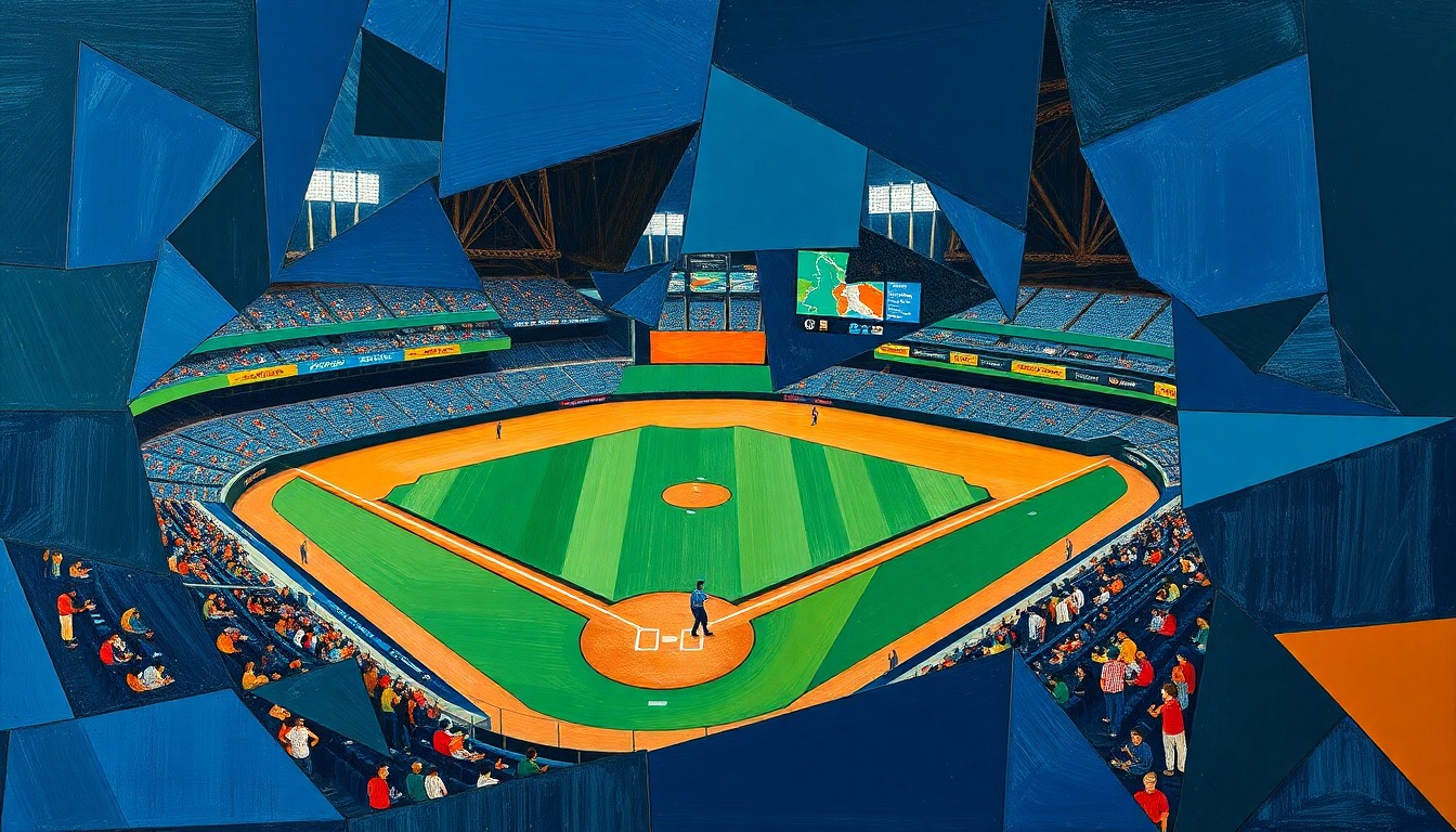 A fragmented, geometric painting in navy, green, and orange tones, capturing the dynamic motion and multiple perspectives of a baseball game.