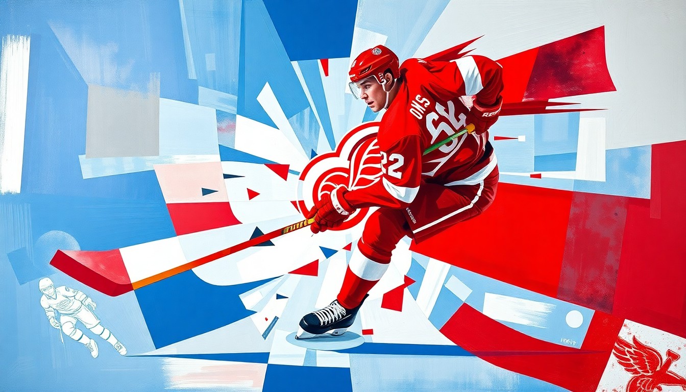 A cubist, geometric painting depicting a hockey player in motion, with sharp, overlapping planes of red, white, and blue representing the Detroit Red Wings colors.