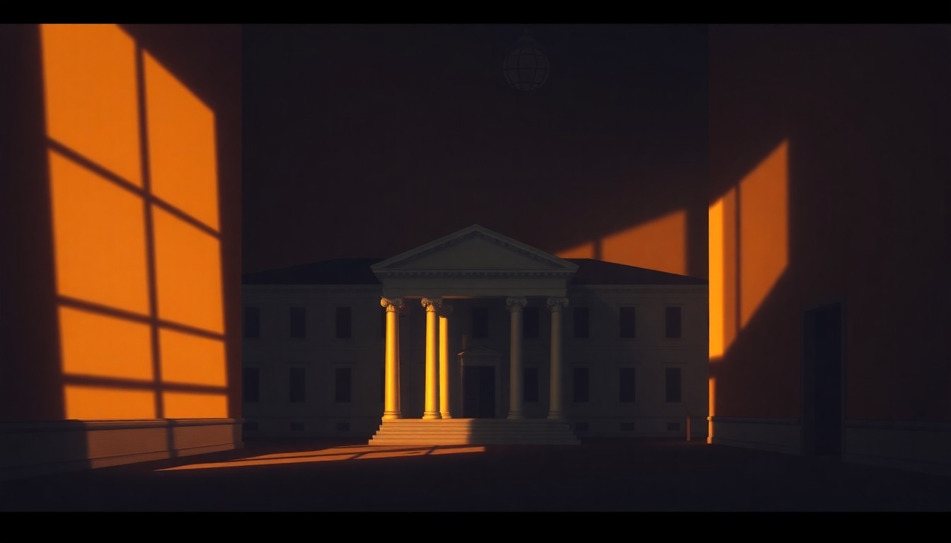 A photorealistic painting of a dimly lit government office or political building, with warm sunlight streaming in through the windows and creating deep shadows across the scene, conveying a sense of solemnity and nostalgia.