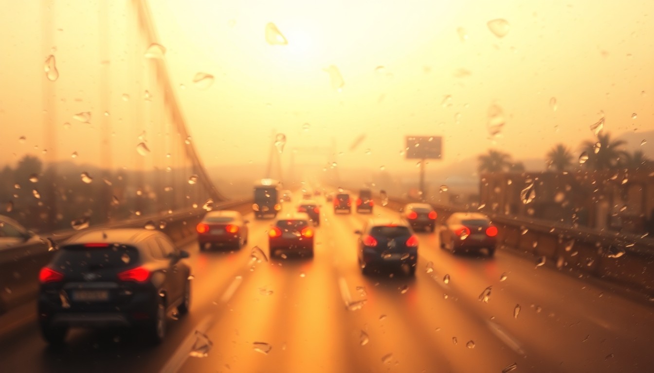 An abstract, impressionistic image of blurred traffic on a bridge, with soft, warm colors and a hazy, out-of-focus atmosphere, conveying the disruption and inconvenience caused by the ongoing construction project.
