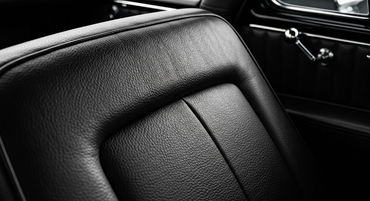 An extreme close-up photograph showcasing the intricate leather texture and rich colors of the interior of a 1957 Ford Thunderbird, conveying the premium craftsmanship of this iconic classic car.