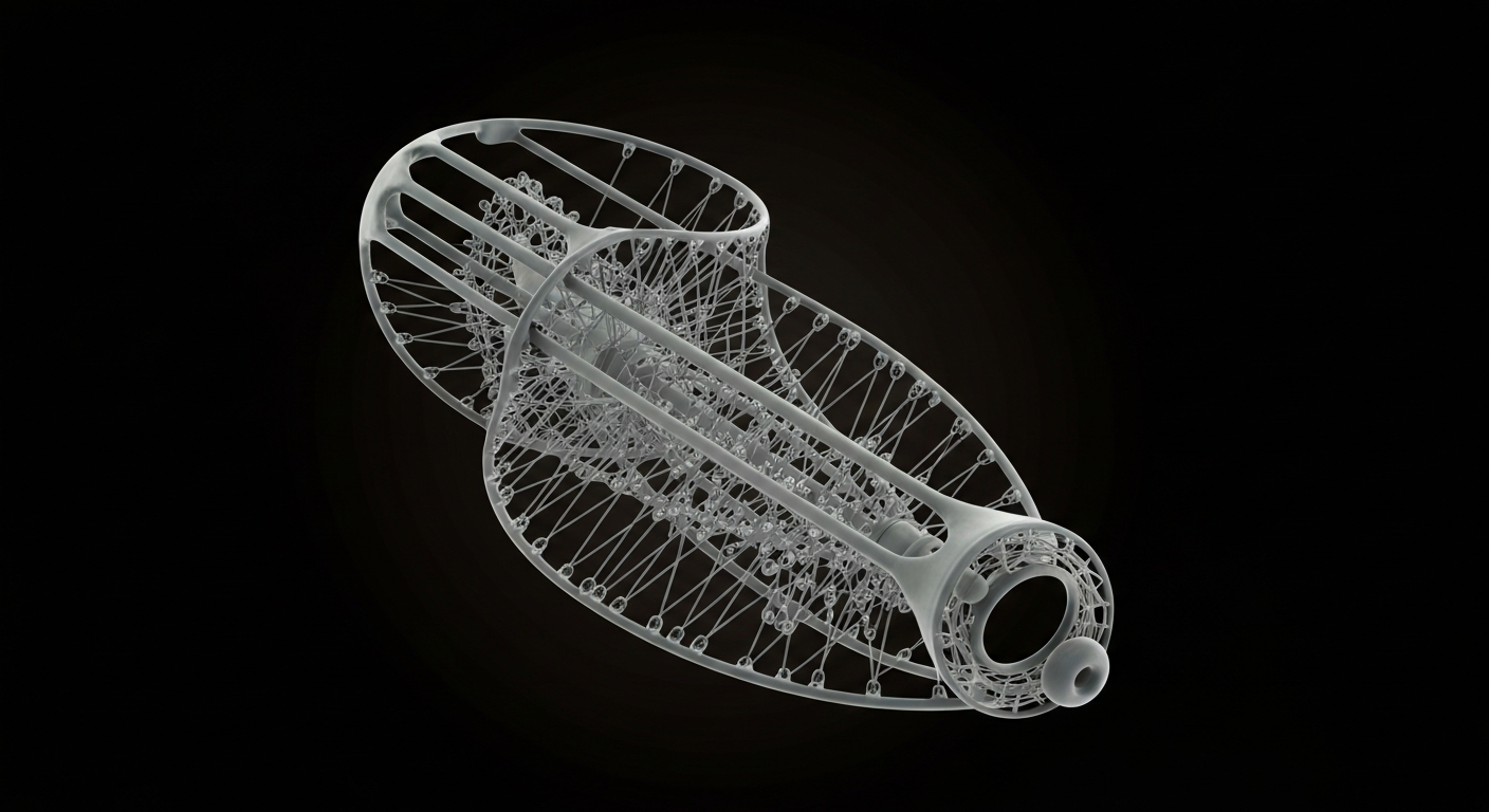 An extreme close-up X-ray photograph showing the delicate, intricate internal structure of a medical stent device, its intricate lattice of metal struts and channels glowing against a dark background, conceptually illustrating the advanced engineering behind this new treatment for complex cardiovascular disease.