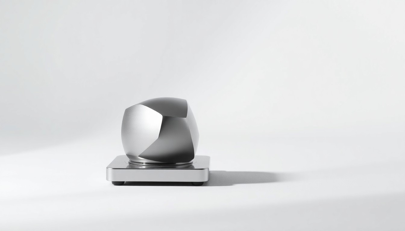 A highly polished, geometric metal object representing electrical testing equipment, arranged elegantly on a clean, monochromatic background with dramatic studio lighting and deep shadows, symbolizing the precision and technical expertise of the testing and certification industry.