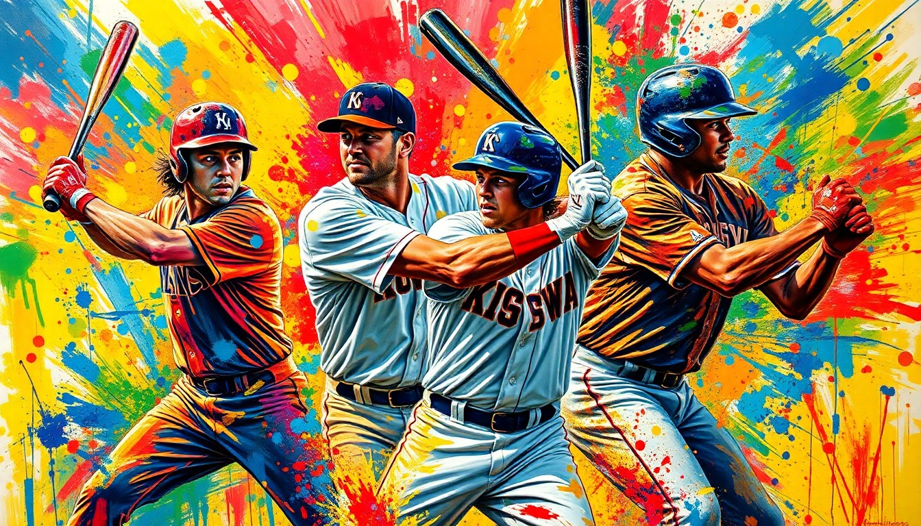 An abstract expressionist painting in vibrant neon colors depicting the dynamic, energetic movements of baseball players at the plate, with their faces and uniforms blurred into a frenetic display of brushstrokes.