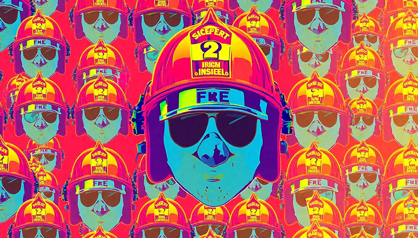 A brightly colored, high-contrast silkscreen print of a firefighter's helmet repeated in a tight grid pattern, conceptually representing the important work of the Greenport Fire Department.