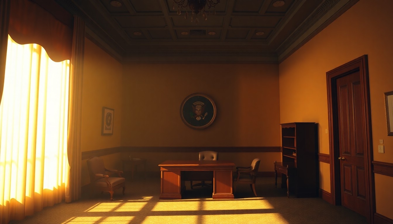 A dimly lit, cinematic painting of an empty congressional office, with warm sunlight streaming through the windows and deep shadows enveloping the space, conveying a sense of political disillusionment and personal turmoil.