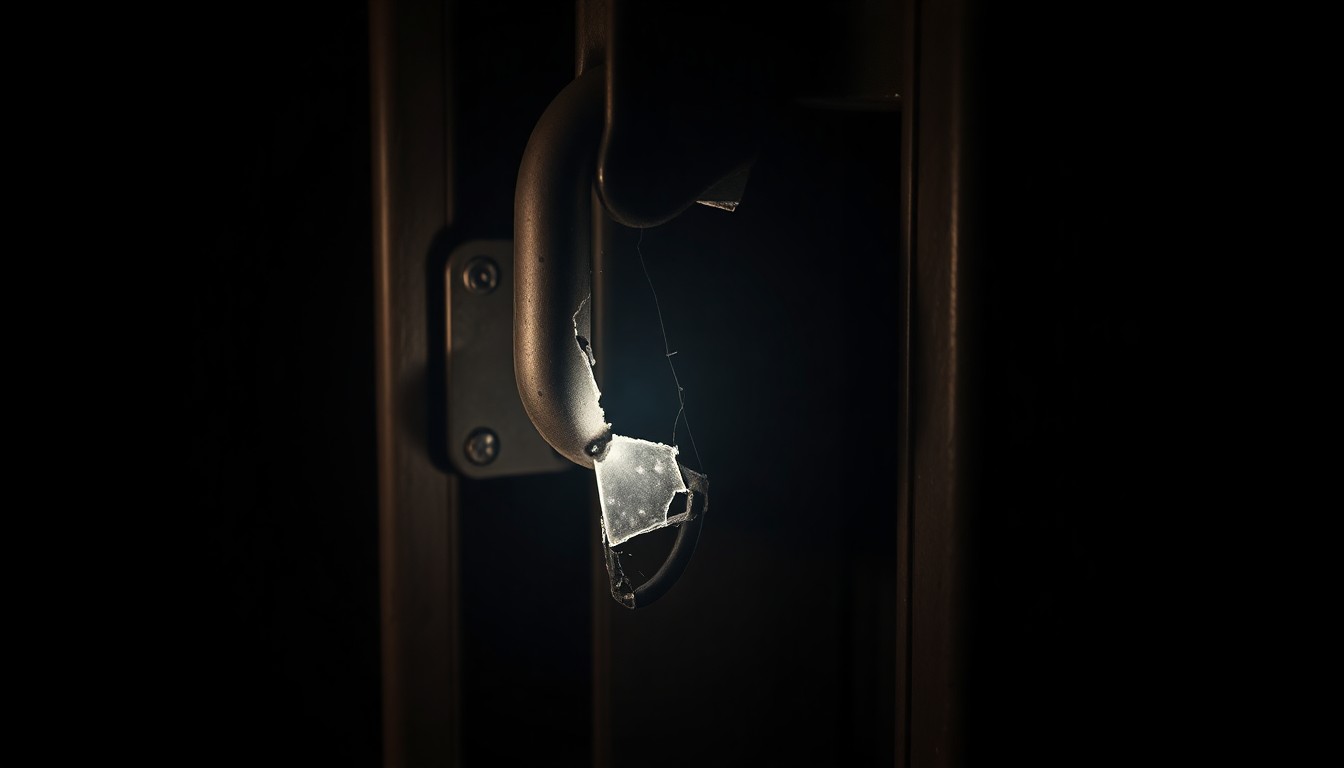An extreme close-up photograph of a broken lock or damaged concession stand equipment, captured with harsh, direct lighting to create a stark, gritty, investigative aesthetic that conceptually represents the disruption to the Maitland Little League's operations.