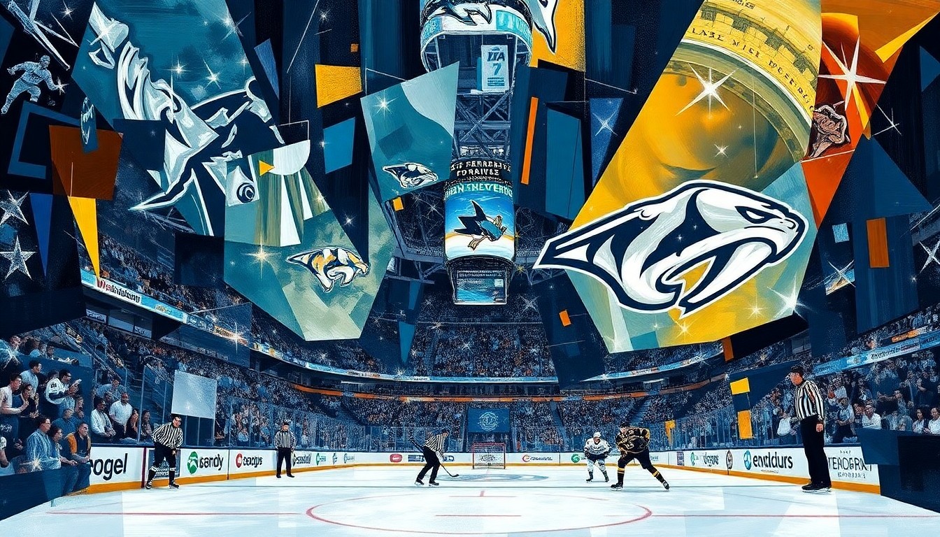 A cubist, geometric painting depicting a hockey game, with players and the rink deconstructed into sharp, overlapping shapes and planes in a vibrant color palette, capturing the intensity and uncertainty of the Sharks' playoff push.