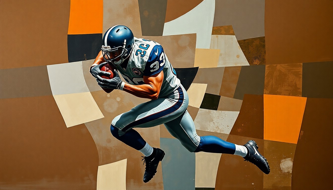 A cubist-style painting depicting a football player in mid-sack motion, with their body broken down into sharp, overlapping geometric planes in shades of brown, grey, and navy blue, conveying the raw power and dynamism of the sport.