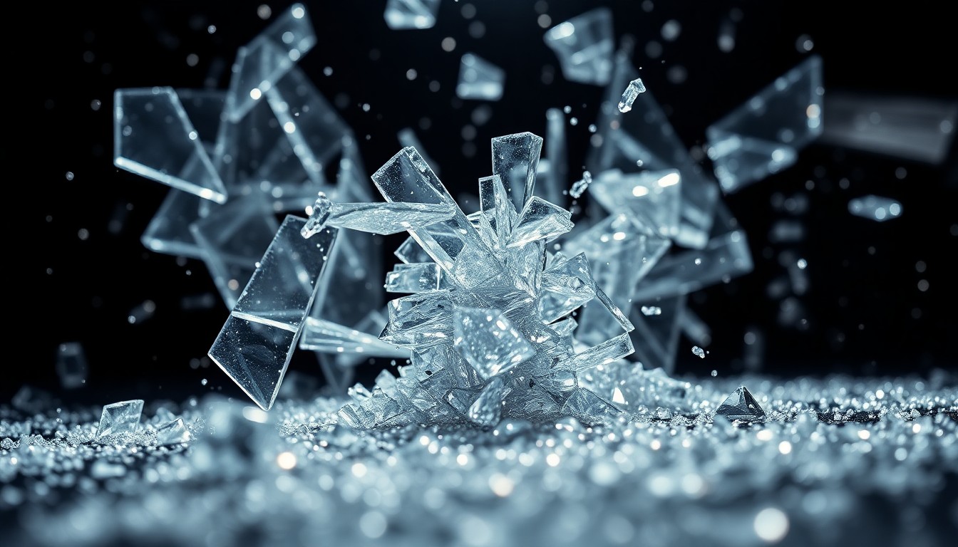 An abstract close-up image of shattered glass and glittering sequins, capturing the high-drama and glamour of reality television.
