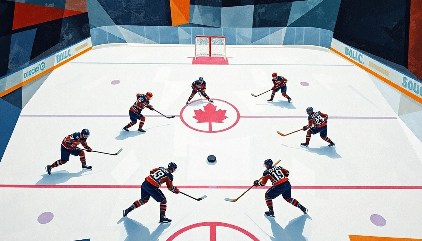 A fractured, multi-perspective painting depicting a hockey game, with players and the ice reduced to angular shapes and planes of color, the puck as the central focal point.