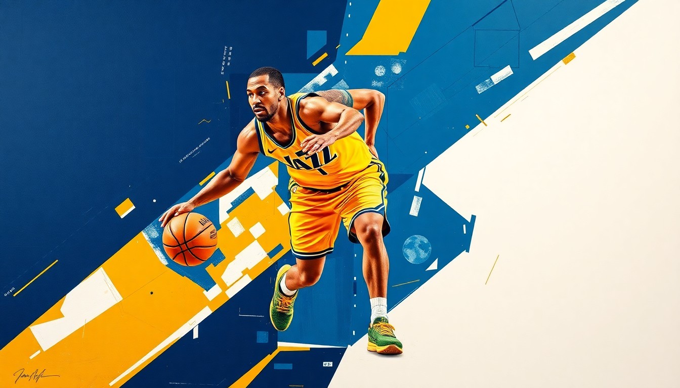 A fractured, cubist-style painting depicting a basketball player in motion, with sharp geometric planes in the colors of the Utah Jazz's official team palette.