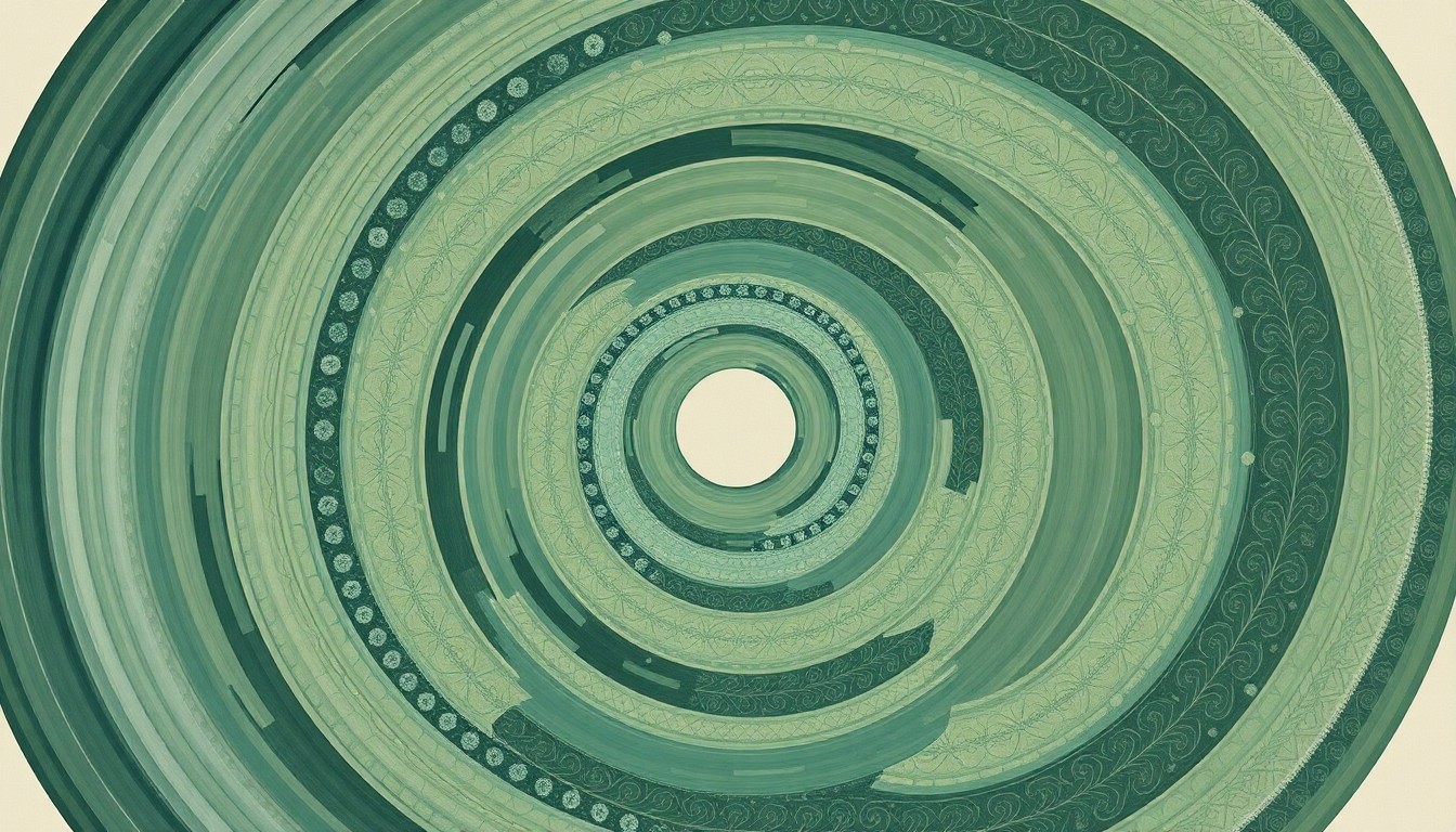 A highly textured, abstract painting in muted tones of green, blue, and gray, featuring sweeping geometric shapes and precise botanical spirals that evoke the complex interplay of natural and engineered components in a living reef coastal defense system.