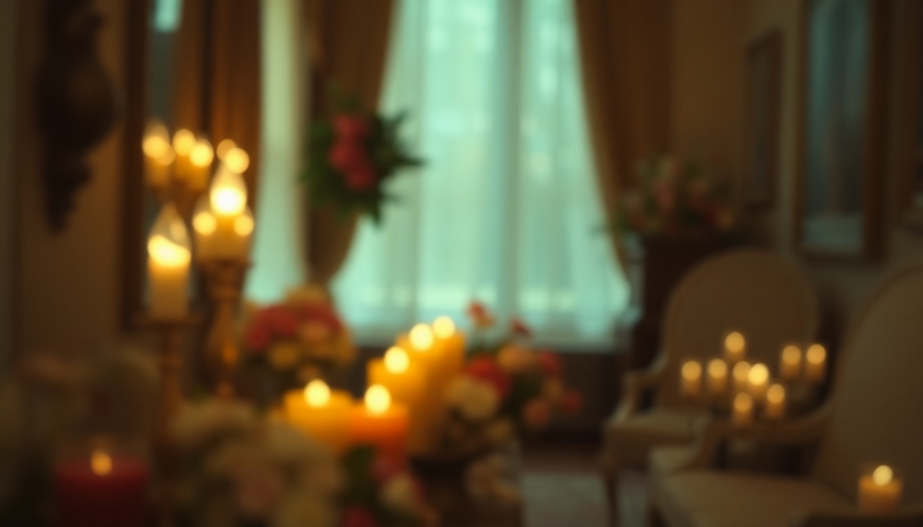 An extremely abstracted, out-of-focus photograph shot through condensation or rain-streaked glass, composed entirely of soft, warm pools of light and color representing the solemn yet comforting atmosphere of a funeral home.