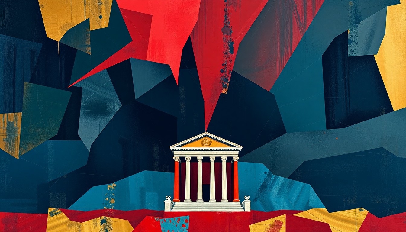 A dynamic, fragmented painting in shades of blue, red, and gold, depicting a blurred government building or podium, conveying a sense of political unrest and uncertainty.